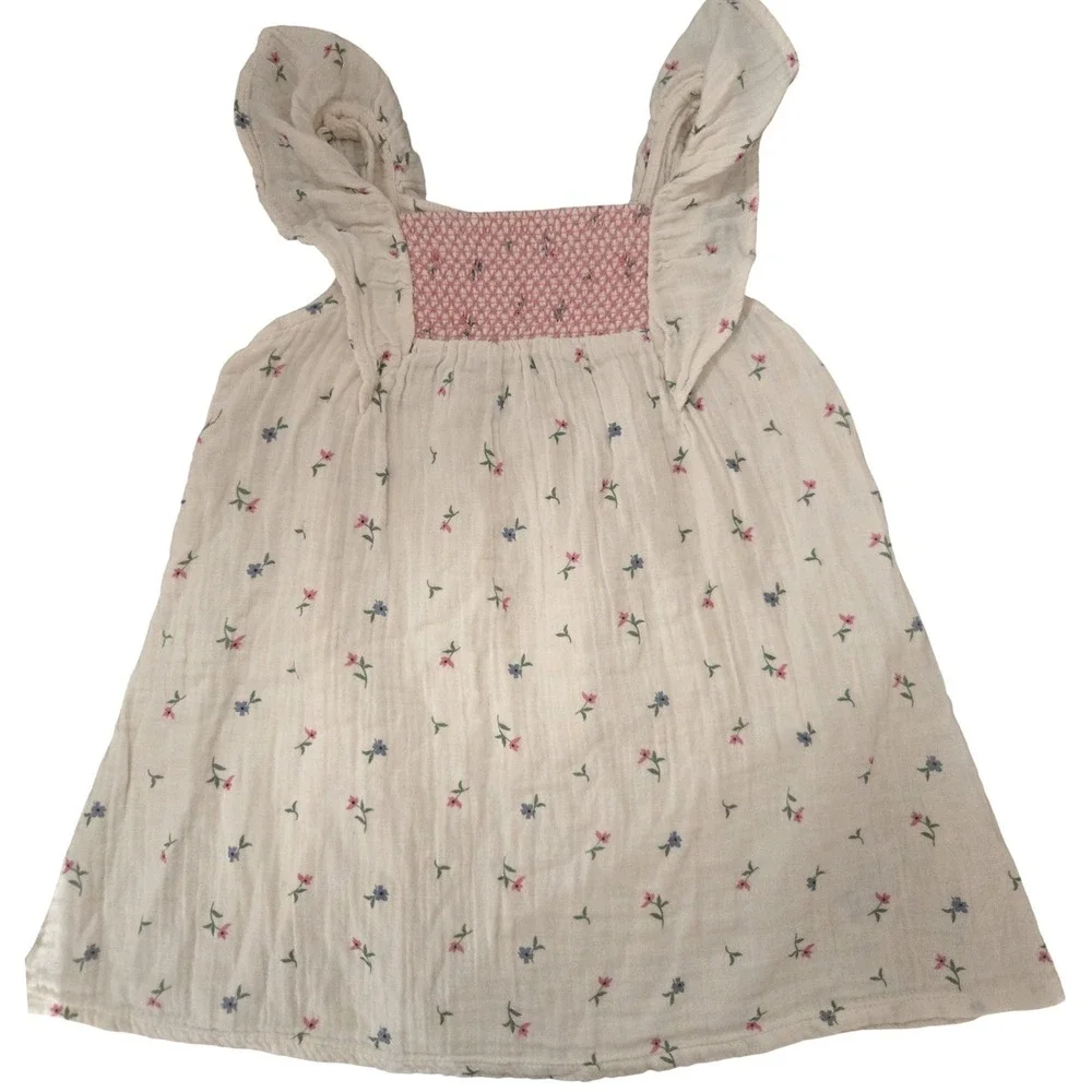 Old Navy Girls Floral Cotton Gauze Flutter Sleeve Smocked‎ Dress Cream 3T
